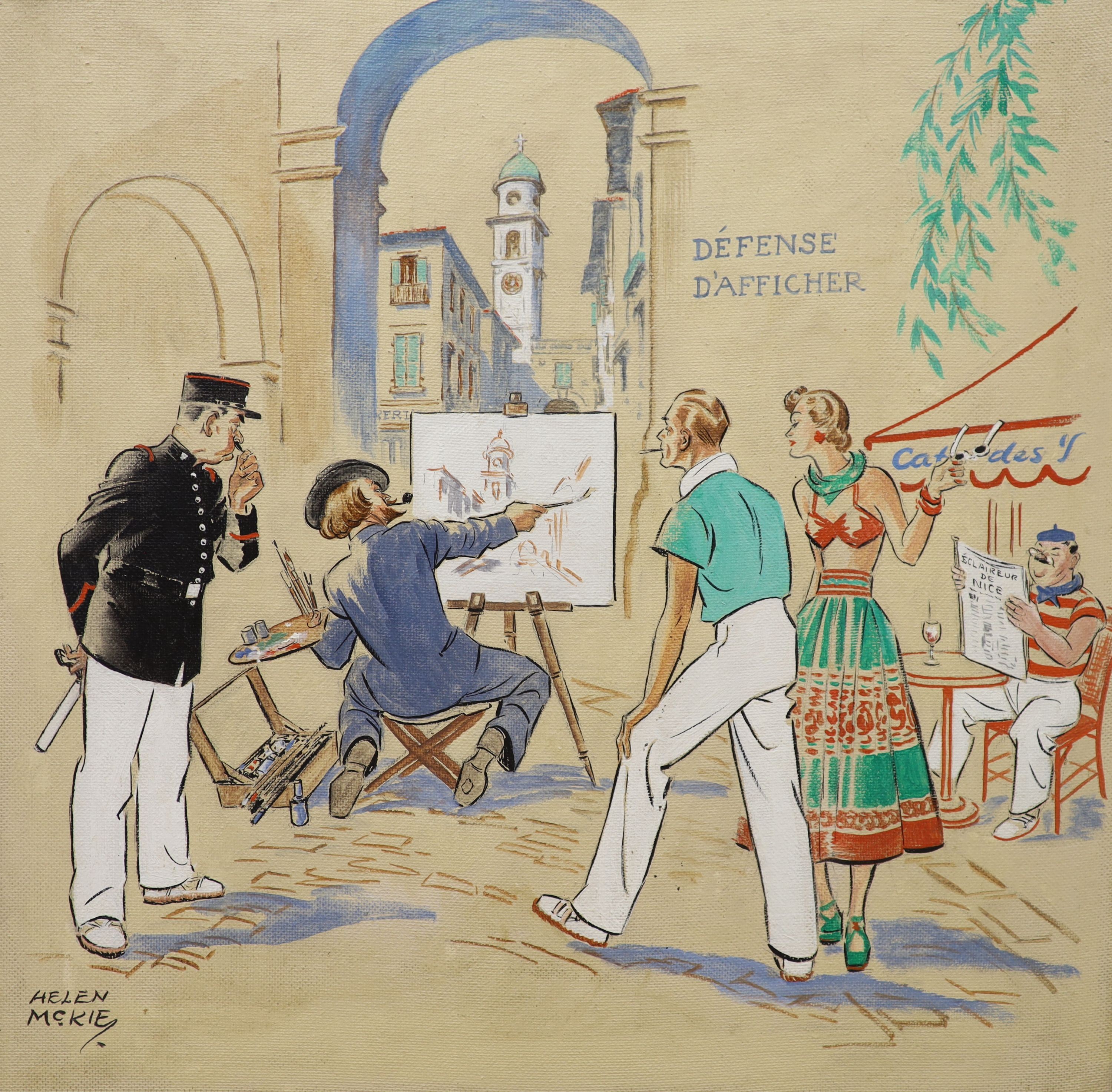 Helen Madeleine McKie (1889-1957), oil on board, 1950's French street scene with artist and onlookers, signed, 60 x 60cm